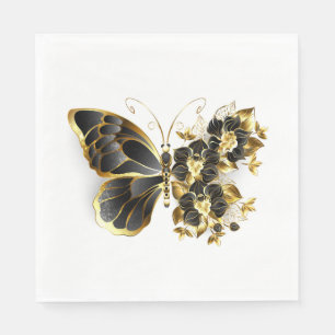 Gold Flower Butterfly with Black Orchid Napkins