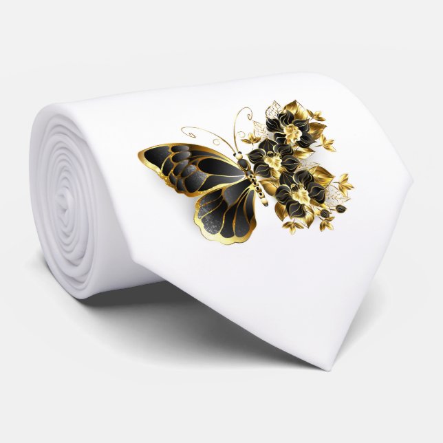 Gold Flower Butterfly with Black Orchid Neck Tie (Rolled)