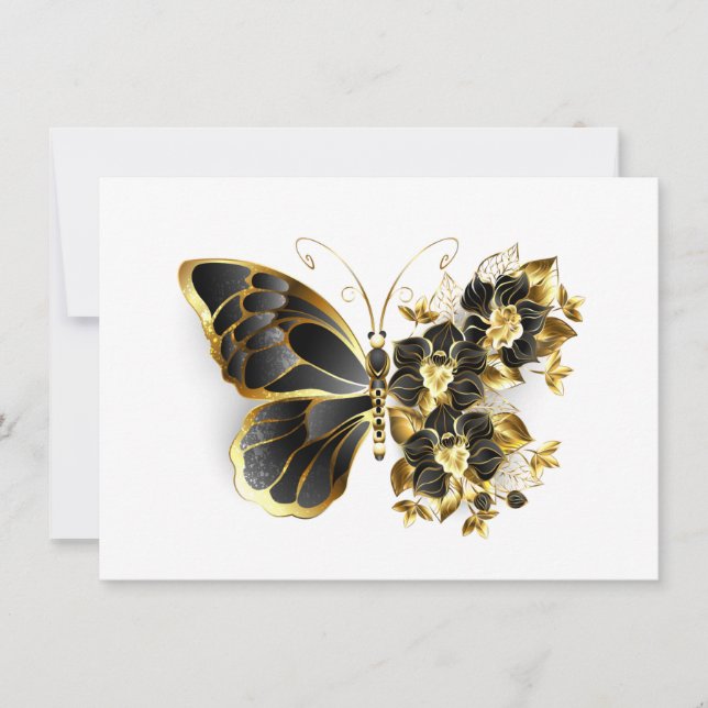 Gold Flower Butterfly with Black Orchid Note Card (Front)