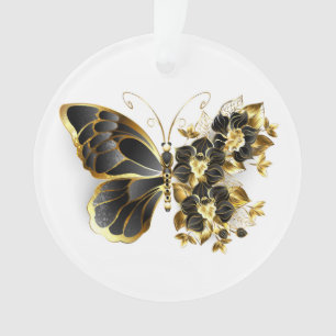 Gold Flower Butterfly with Black Orchid Ornament