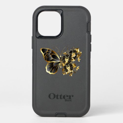 Gold Flower Butterfly with Black Orchid OtterBox Defender iPhone 12 Pro Case