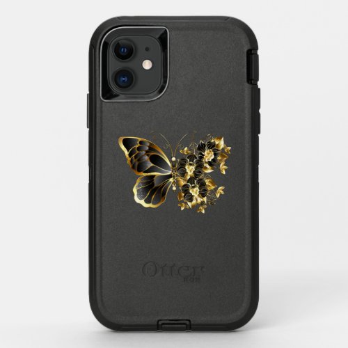 Gold Flower Butterfly with Black Orchid OtterBox Defender iPhone 11 Case