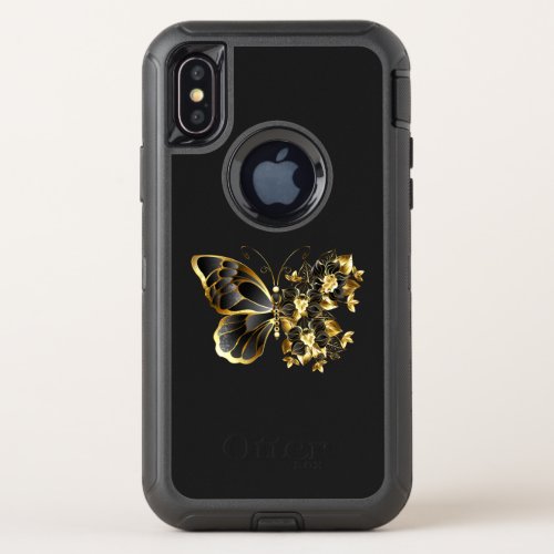 Gold Flower Butterfly with Black Orchid OtterBox Defender iPhone X Case