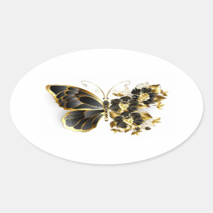 Gold Flower Butterfly with Black Orchid Oval Sticker