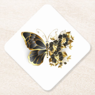 Gold Flower Butterfly with Black Orchid Paper Coaster