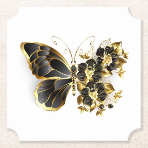 Gold Flower Butterfly with Black Orchid Paper Coaster