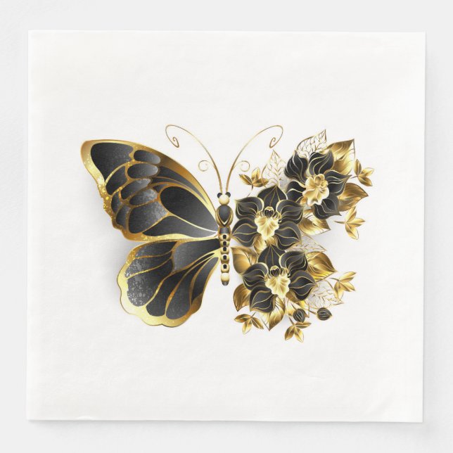 Gold Flower Butterfly with Black Orchid Paper Dinner Napkins (Front)