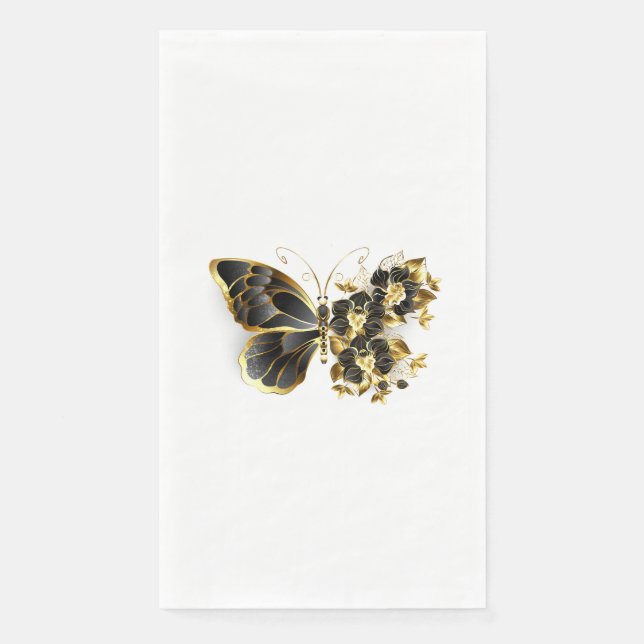Gold Flower Butterfly with Black Orchid Paper Guest Towels (Front)