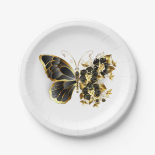 Gold Flower Butterfly with Black Orchid Paper Plates
