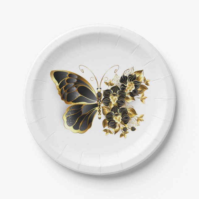 Gold Flower Butterfly with Black Orchid Paper Plates (Front)