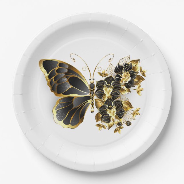 Gold Flower Butterfly with Black Orchid Paper Plates (Front)
