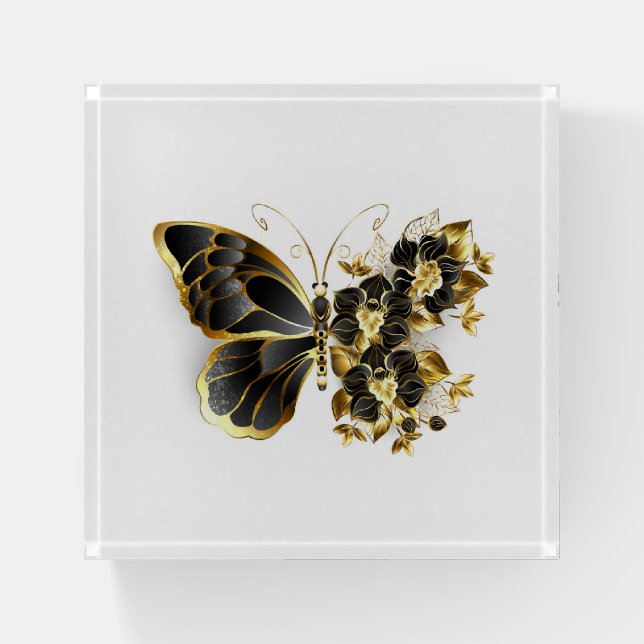 Gold Flower Butterfly with Black Orchid Paperweight (Front)