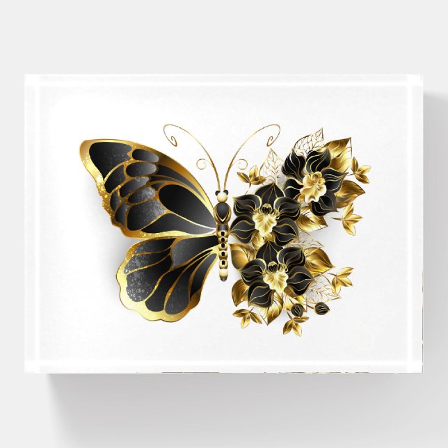Gold Flower Butterfly with Black Orchid Paperweight (Front)