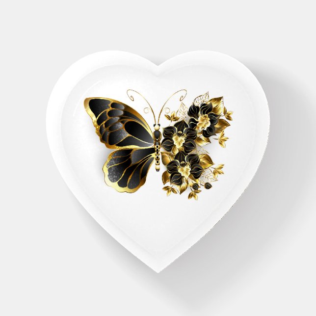 Gold Flower Butterfly with Black Orchid Paperweight (Front)