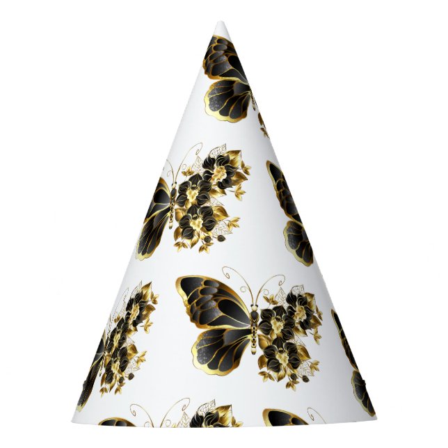 Gold Flower Butterfly with Black Orchid Party Hat (Front)