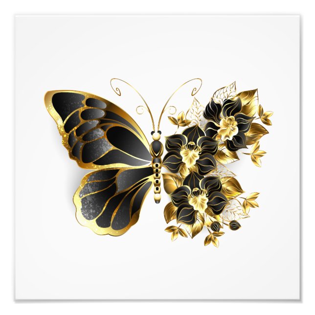 Gold Flower Butterfly with Black Orchid Photo Print (Front)