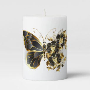 Gold Flower Butterfly with Black Orchid Pillar Candle