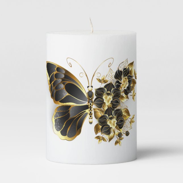 Gold Flower Butterfly with Black Orchid Pillar Candle (Front)