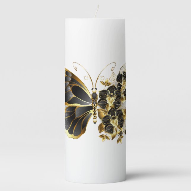 Gold Flower Butterfly with Black Orchid Pillar Candle (Front)