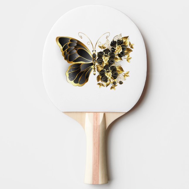 Gold Flower Butterfly with Black Orchid Ping Pong Paddle (Front)