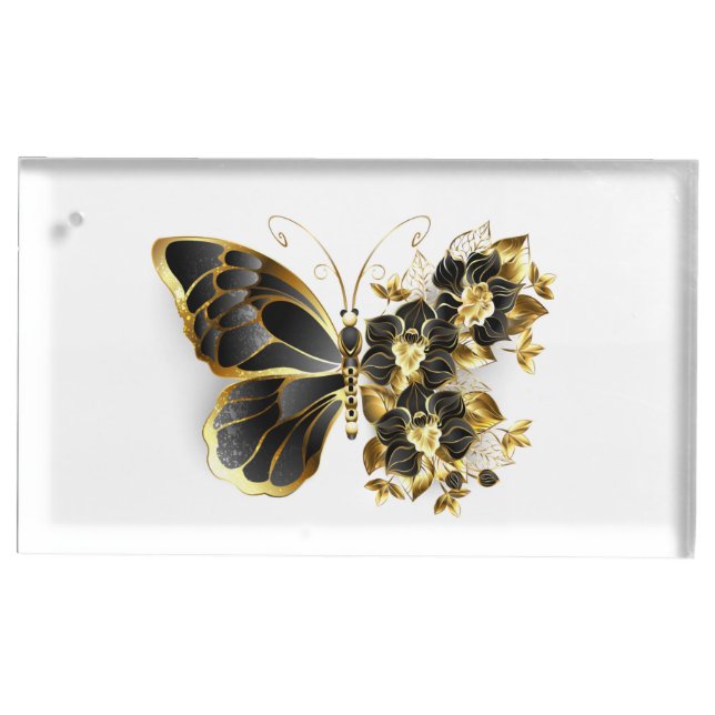 Gold Flower Butterfly with Black Orchid Place Card Holder (Front)