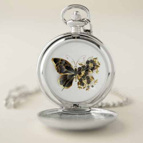 Gold Flower Butterfly with Black Orchid Pocket Watch