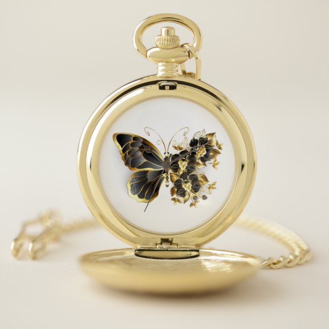 Gold Flower Butterfly with Black Orchid Pocket Watch (Inside)