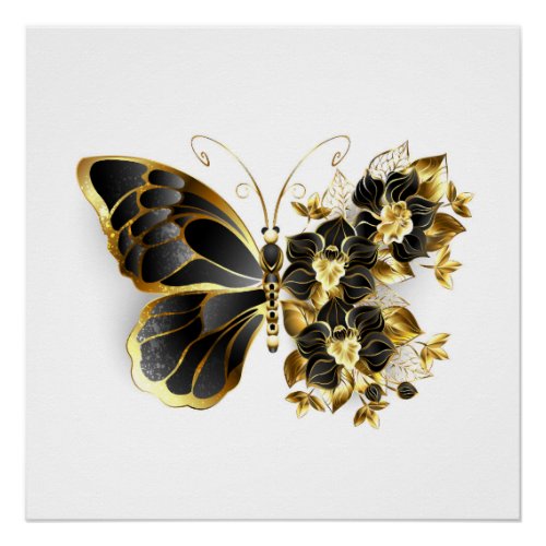 Gold Flower Butterfly with Black Orchid Poster