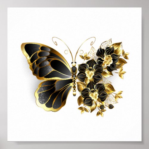 Gold Flower Butterfly with Black Orchid Poster