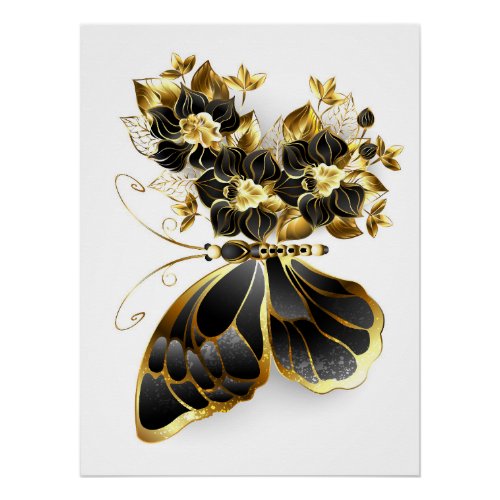 Gold Flower Butterfly with Black Orchid Poster