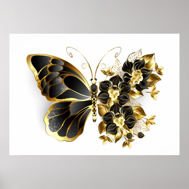 Gold Flower Butterfly with Black Orchid Poster (Front)