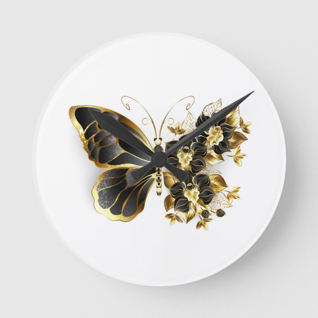 Gold Flower Butterfly with Black Orchid Round Clock (Front)