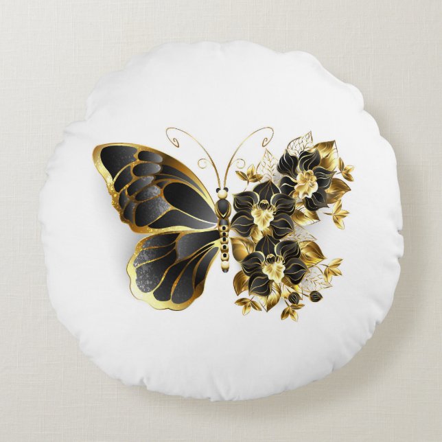 Gold Flower Butterfly with Black Orchid Round Pillow (Front)