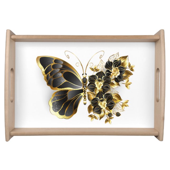 Gold Flower Butterfly with Black Orchid Serving Tray (Front)