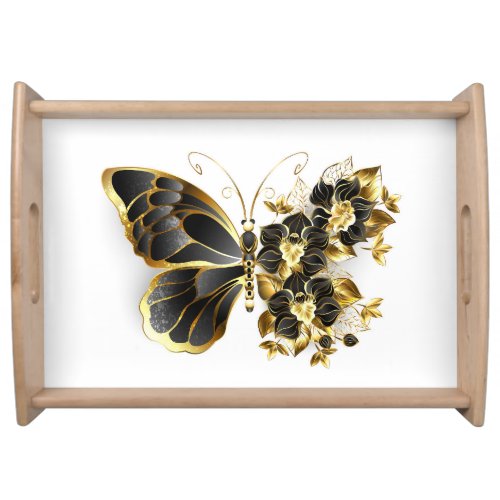 Gold Flower Butterfly with Black Orchid Serving Tray