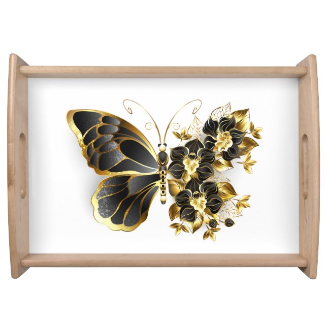 Gold Flower Butterfly with Black Orchid Serving Tray (Front)