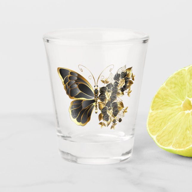 Gold Flower Butterfly with Black Orchid Shot Glass (Front)