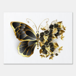 Gold Flower Butterfly with Black Orchid Sign
