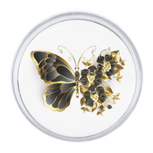 Gold Flower Butterfly with Black Orchid Silver Finish Lapel Pin