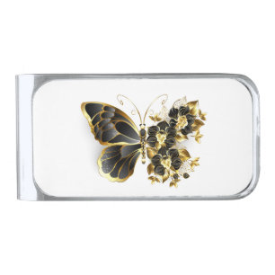 Gold Flower Butterfly with Black Orchid Silver Finish Money Clip