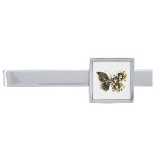 Gold Flower Butterfly with Black Orchid Silver Finish Tie Bar