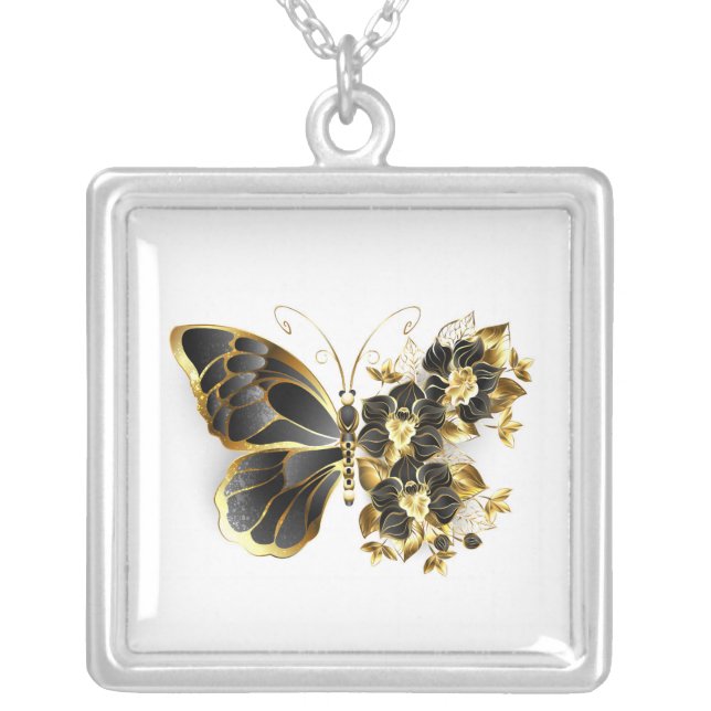 Gold Flower Butterfly with Black Orchid Silver Plated Necklace (Front)