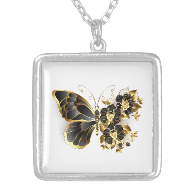 Gold Flower Butterfly with Black Orchid Silver Plated Necklace (Front)