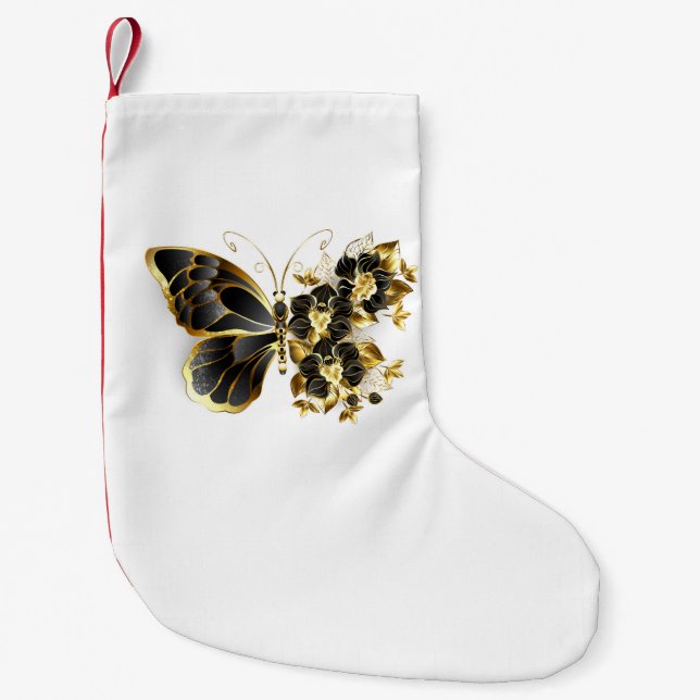 Gold Flower Butterfly with Black Orchid Small Christmas Stocking (Front)
