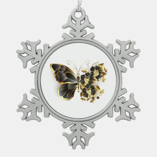 Gold Flower Butterfly with Black Orchid Snowflake Pewter Christmas Ornament