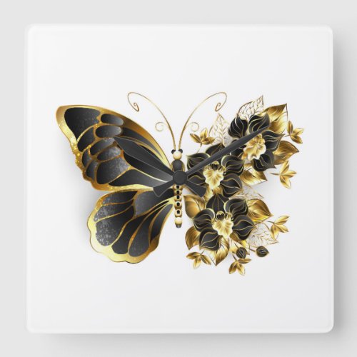 Gold Flower Butterfly with Black Orchid Square Wall Clock