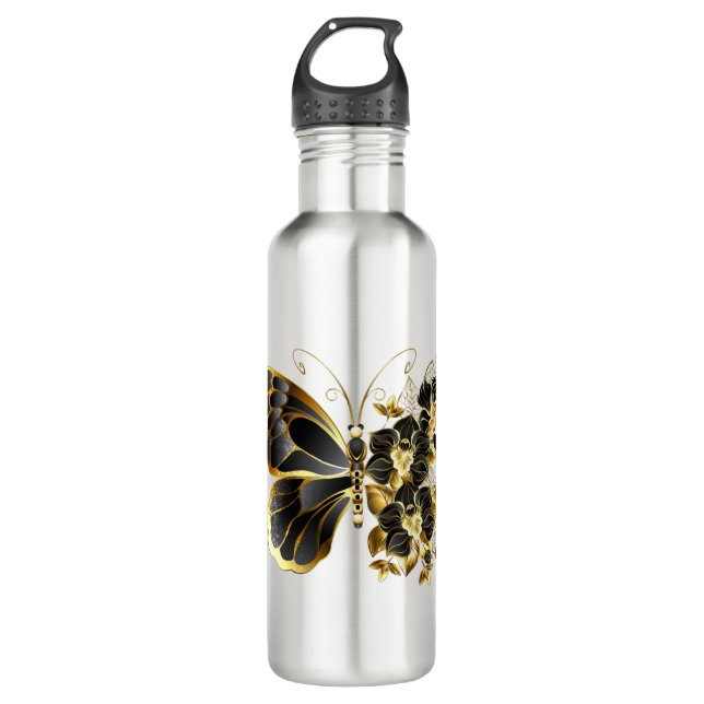 Gold Flower Butterfly with Black Orchid Stainless Steel Water Bottle (Front)