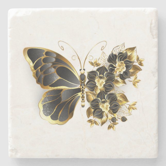 Gold Flower Butterfly with Black Orchid Stone Coaster (Front)