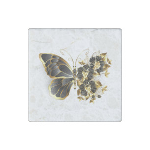 Gold Flower Butterfly with Black Orchid Stone Magnet