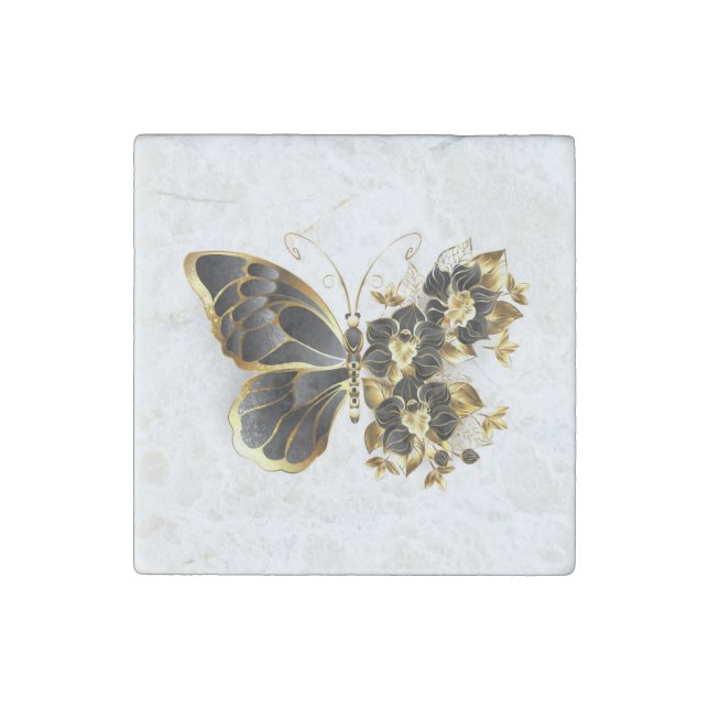 Gold Flower Butterfly with Black Orchid Stone Magnet (Front)